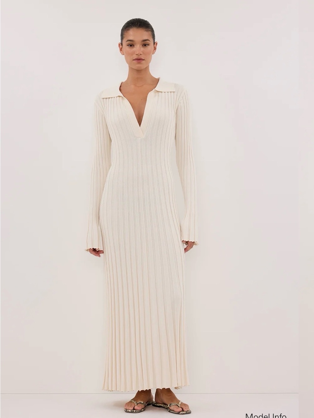 DISSH Cream Ribbed V‑Neck Maxi Dress with Collar